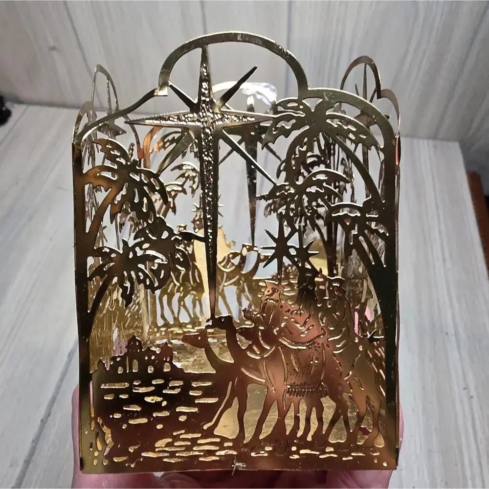 Vtg Brass Plated Nativity Candle Holder Set Of 2 MCM Holiday Religious Regency